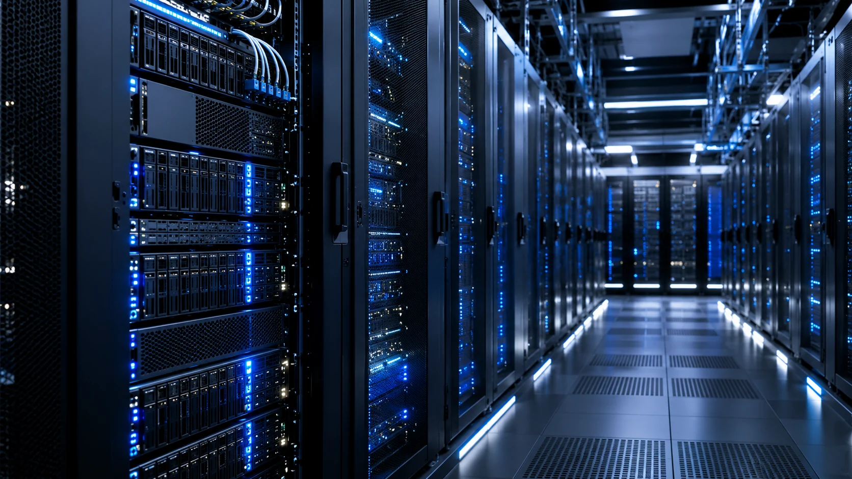 Speicherinfrastruktur in einem blau beleuchteten Rechenzentrum